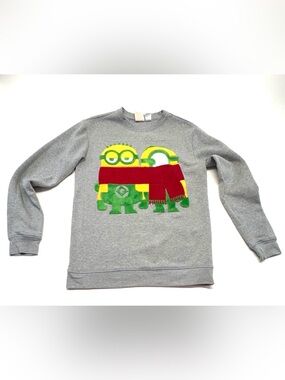 Grey Ladies Crewneck Sweater with Minion Graphic and Red Scarf Size S/M